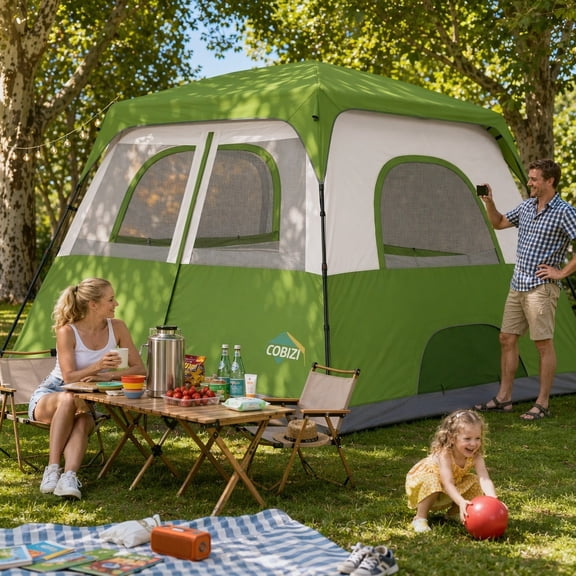 COBIZI 4-6-8 Person 10x9FT Waterproof 210D Oxford Family Camping Tent with Instant Pop-up Setup, Mesh Screen, Wind Ropes and Stakes, Green