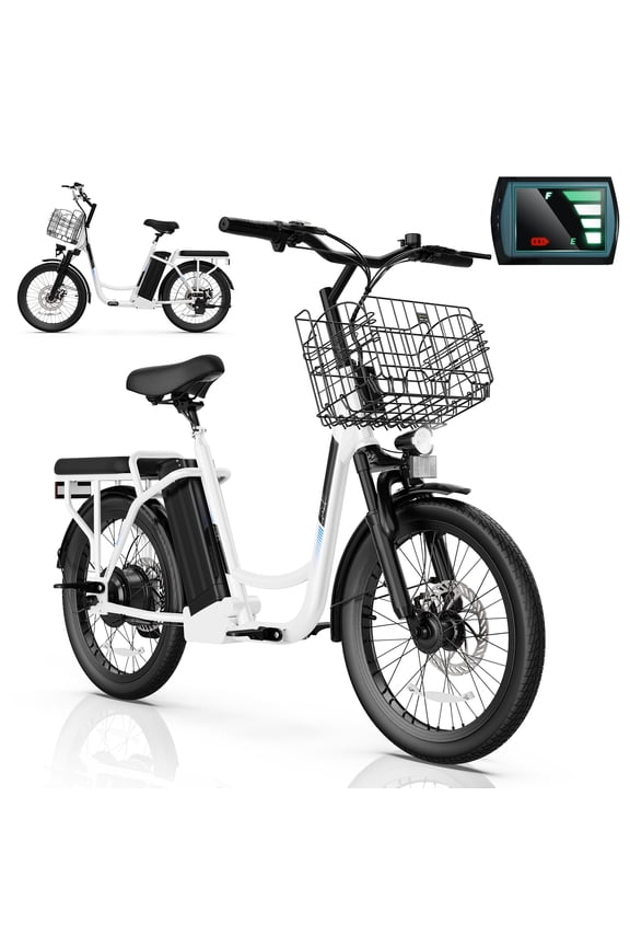 500W Electric Bike for Adults,Max 20Miles Range&20MPH, 48V 7.8Ah Removable Battery, 20" Fat Tire Off-Road E Scooter with Basket&Seat,UL2272 Certified,White