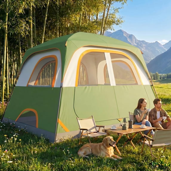 COBIZI 4/6/8 Person Tent for Camping, Waterproof with Rainfly, Windproof, Mesh Door & Ventilation Windows, Green