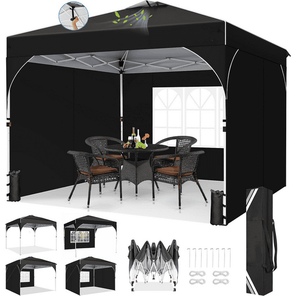 COBIZI 10x10 Pop Up Canopy with Sidewalls,Waterproof Easy up Canopy for Camping,Outdoor Instant Folding Gazebo 10x10 Canopy for Party with Carry Bag&Sandbags,Black