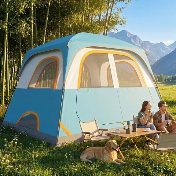 COBIZI 4/6/8 Person Tent for Camping, Waterproof with Rainfly, Windproof, Mesh Door & Ventilation Windows, Blue