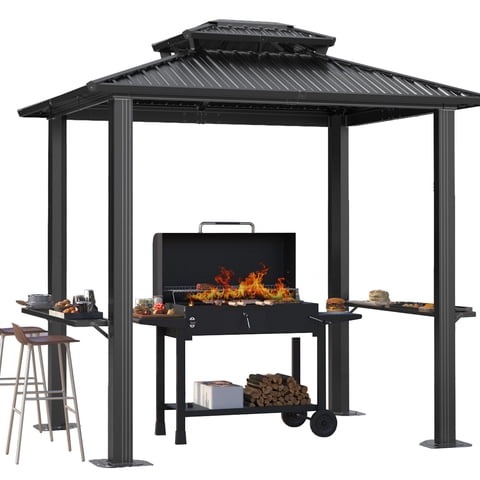 COBIZI 6x 8 Hardtop Aluminum Grill Gazebo with Double Roof, Outdoor BBQ Gazebo Canopy with 2 Side Shelves, Galvanized Steel Roof for Enhanced Patio, Lawn, Backyard BBQ Experience, Black