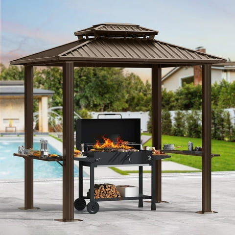 COBIZI 6'x8' Hardtop Grill Gazebo for Patio Double Galvanized Steel Roof with 2 Side Shelves Outside Sun Shade Outdoor BBQ Gazebo Canopy, Brown