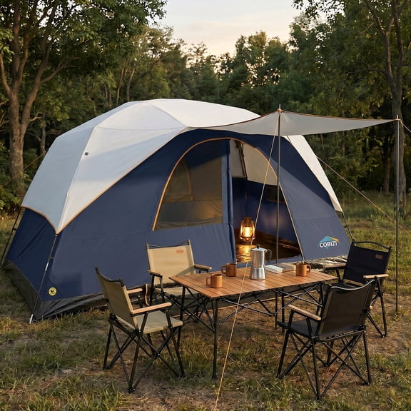 COBIZI 8/10/12 Person Family Camping Tent, 15x9FT Large Cabin Tent with Panoramic Mesh Roof, Waterproof UV Protection, Easy Setup, Removable Rainfly, Dark Blue