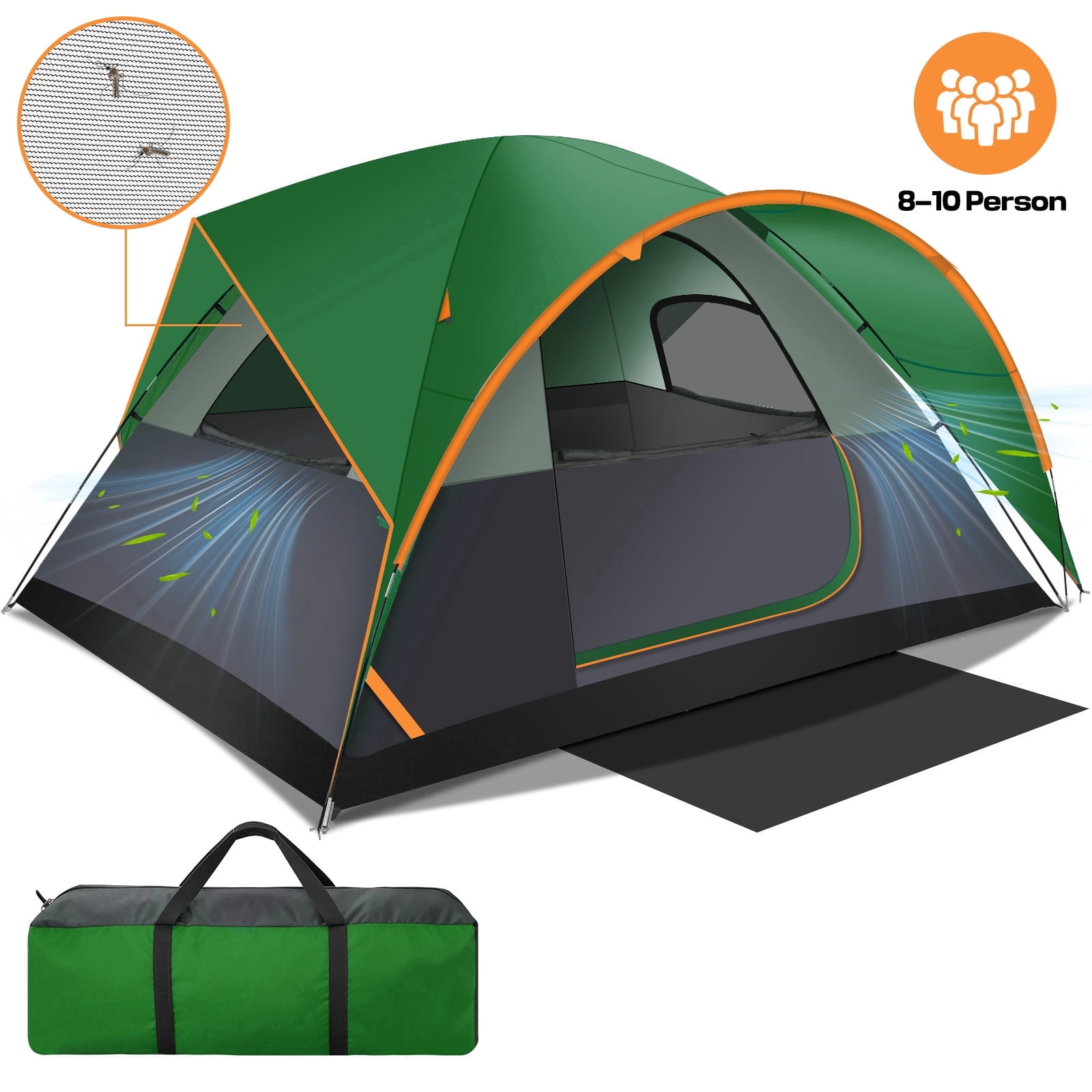 COBIZI 8-10 Person Camping Tent, Tents for Camping 12x9ft Family Tent,Waterproof Windproof Cabin Tent with Removable Rainfly,CPAI-84 Flame Retardant,Heavy Duty with 17 Stakes&Carry Bag,Green