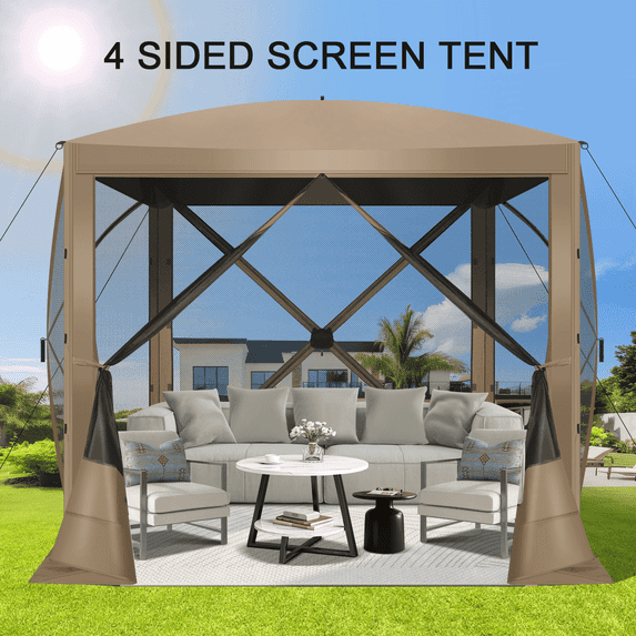 COBIZI 8x8 Pop up Gazebo, Ez up Screen Tent, Portable Outdoor Canopy Sun Shelter with Carry Bag & Ground Stakes for Camping, Garden and Picnics, Khaki