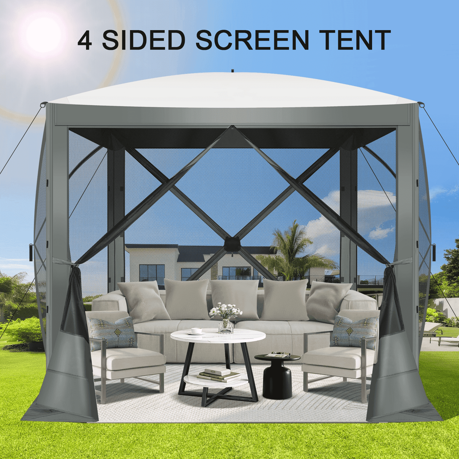COBIZI 8x8 Pop up Gazebo, Ez up Screen Tent, Portable Outdoor Canopy Sun Shelter with Carry Bag & Ground Stakes for Camping, Garden and Picnics, Gray