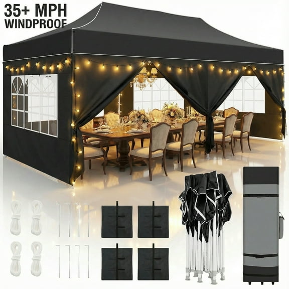 COBIZI 10x20 Heavy Duty Pop Up Canopy Tent with 6 Sidewalls, Windproof Upgraded Frame, Waterproof Commercial Grade Gazebo, Wheeled Bag Included for Wedding Party Events, Black