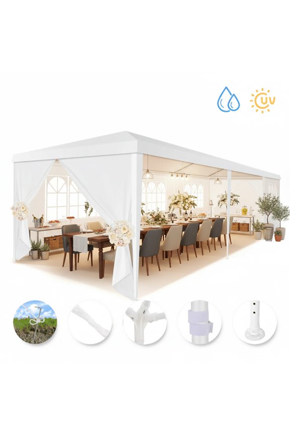 10x30 Party Canopy Tent with 8 Removable Sidewalls, Waterproof Outdoor Shelter for Weddings and Events, White
