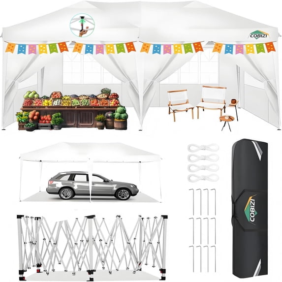 COBIZI Canopy 10x20 Pop Up Canopy Tent with 6 Sidewalls, Waterproof Outdoor Event Shelter Gazebo Sun Shade Portable 10x20 Tents for Parties Beach Camping Commercial Instant Canopy (White, 10'x20')