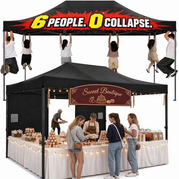 COBIZI 10x15FT Heavy Duty Pop Up Canopy Tent with 4 Sidewalls, Waterproof Commercial Vendor Tent for Weddings, Parties, BBQ, Camping & Markets, Easy Setup, Stakes, Sandbags, Ropes & Carry Bag, Black
