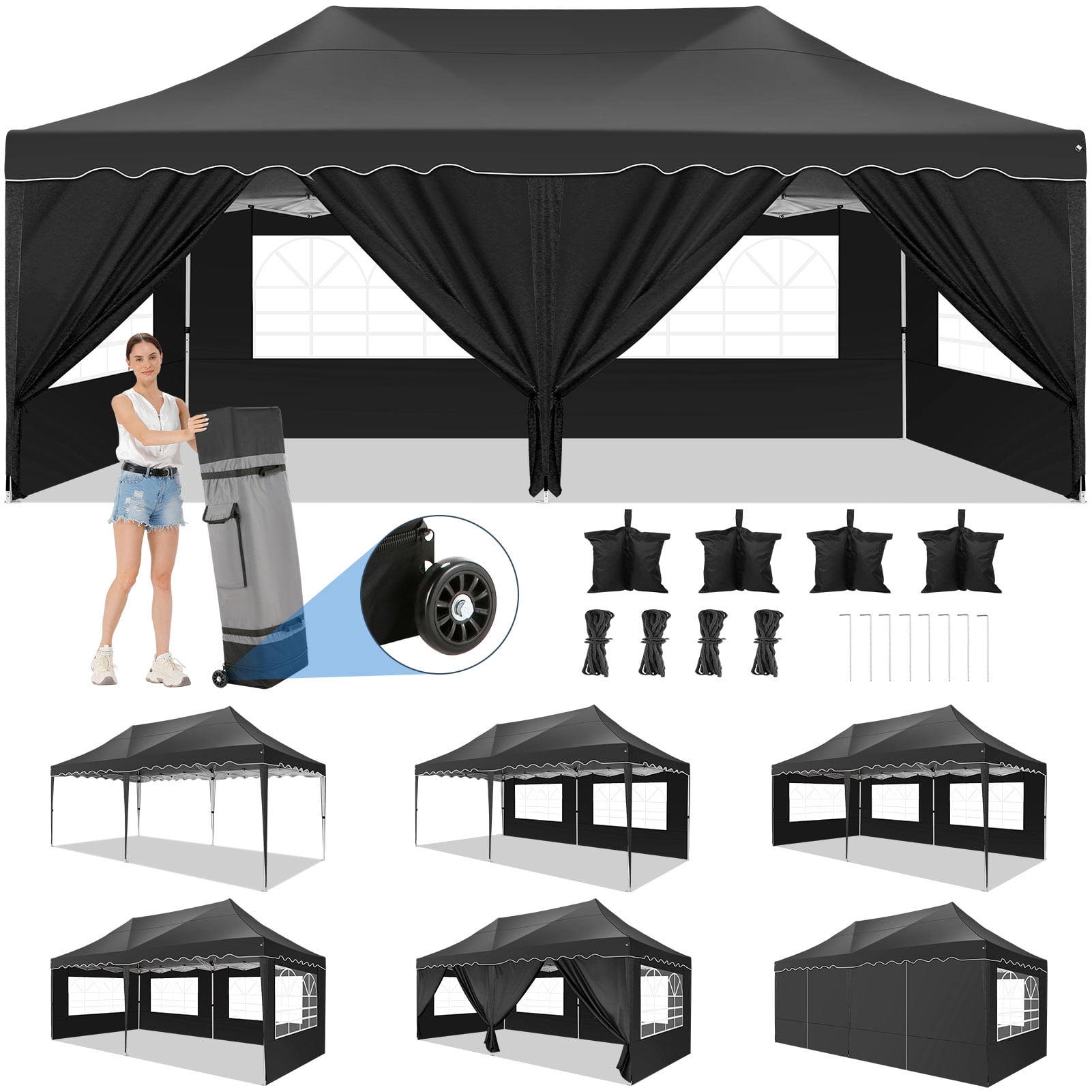 Black 10' x 20' Alloy Steel Outdoor Canopy Tent with Side Walls