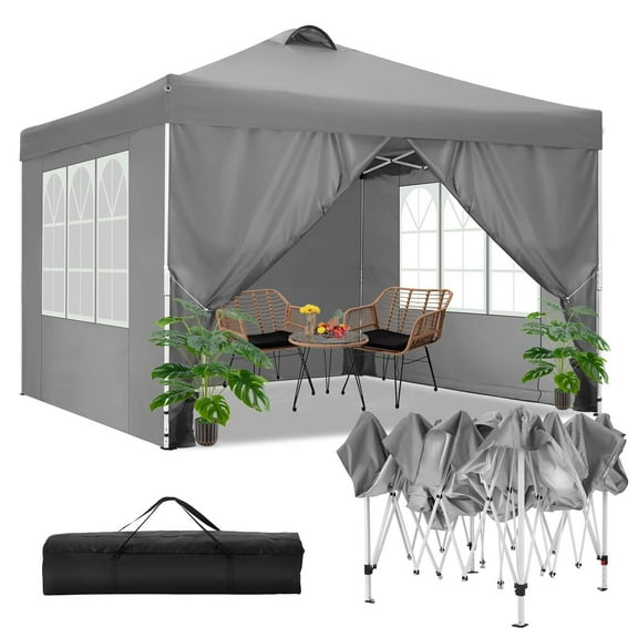 COBIZI Canopy Tent 10x10 Pop Up Outdoor Canopies with 4 Sidewalls Waterproof Commercial Instant Gazebo Tents for Party Patio Backyard with 4 Sandbags, 4 Stakes & 8 Ropes, Gray