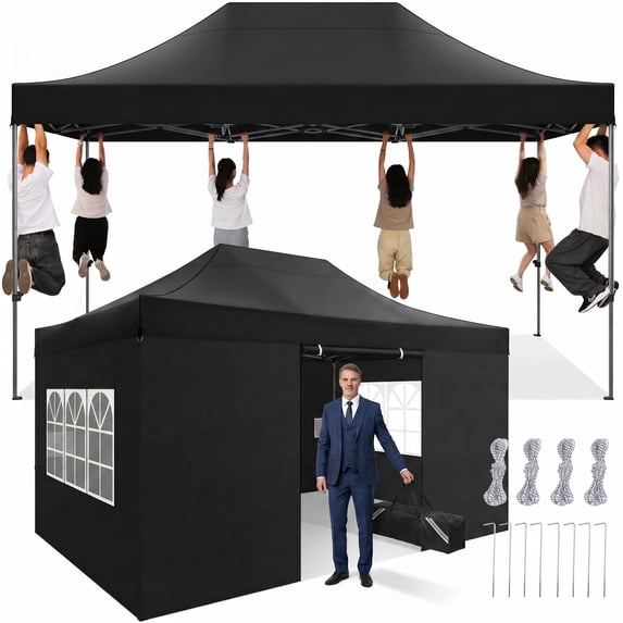 COBIZI 10x15 Pop Up Canopy with 4 Sidewalls, Heavy Duty Waterproof Commercial Canopy Tent for Outdoor Parties & Garden Events, Carry Bag Included, Black