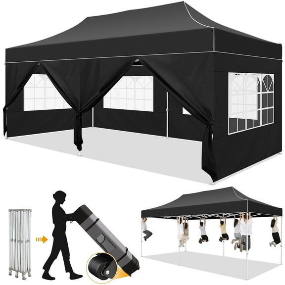 COBIZI 10x20 Pop Up Canopy Tent with 6 Sidewalls for Wedding Party Events, Heavy Duty Windproof Frame, Waterproof Outdoor Gazebo, Wheeled Bag Included, Black