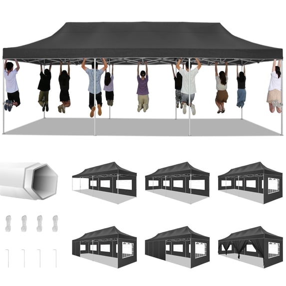 COBIZI 10x30 Pop-up Canopy Tent, Heavy-Duty, Waterproof, 8 Removable Sidewalls, UPF 50, Black