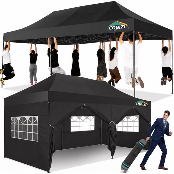 COBIZI 10x20 Pop Up Canopy with 6 Sidewalls, Heavy Duty UPF 50+ Waterproof All Season Commercial Tent for Outdoor Weddings & Parties, Roller Bag Included, Black