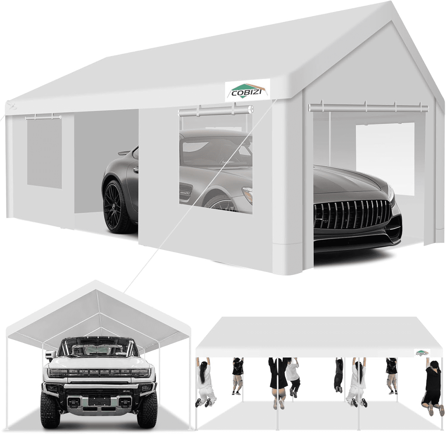COBIZI 12x20ft Carport Heavy Duty, Portable Car Garage With Built-in Sandbags, Waterproof Car Canopy For Truck, Boat, SUV With All-season Tarp, Gray