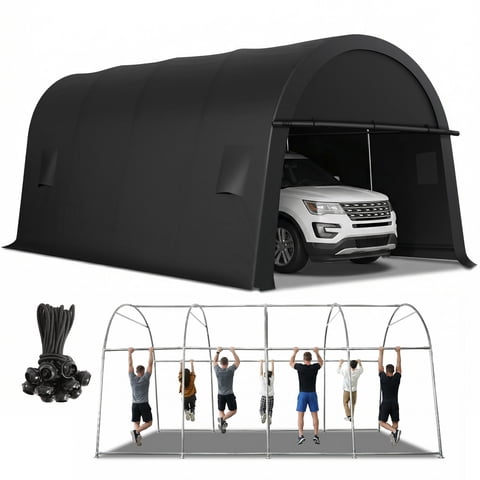 COBIZI 12x20 Heavy Duty Carport Canopy Portable Garage with Double Zippered Roll-up Doors & Vents, Round Style Roof Car Canopy Car Garage Upgrade Waterproof for Cars, Boats, Trucks, Gray