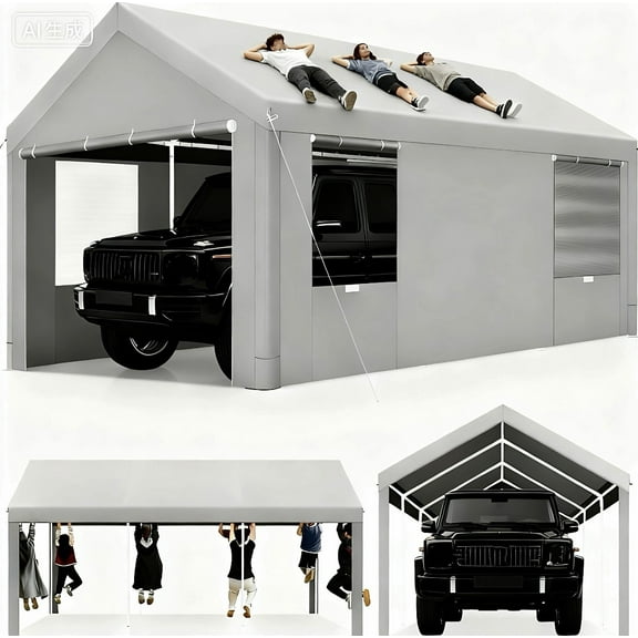 COBIZI Carport 10'x20' Large Heavy Duty Car Tent with Powder-Coated Steel Frame, Portable Garage with Removable Sidewalls & Doors, Car Canopy with All-Season Tarp for Outdoor Party, Birthday, Gray