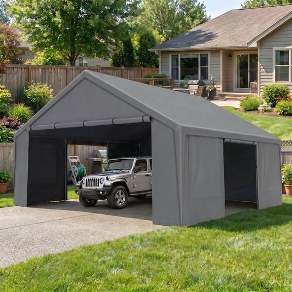 COBIZI Carport 20x20 Large Heavy Duty Car Tent with Powder-Coated Steel Frame, Portable Garage with Removable Sidewalls & Doors, Car Canopy with All-Season Tarp for Outdoor Party, Birthday, Gray