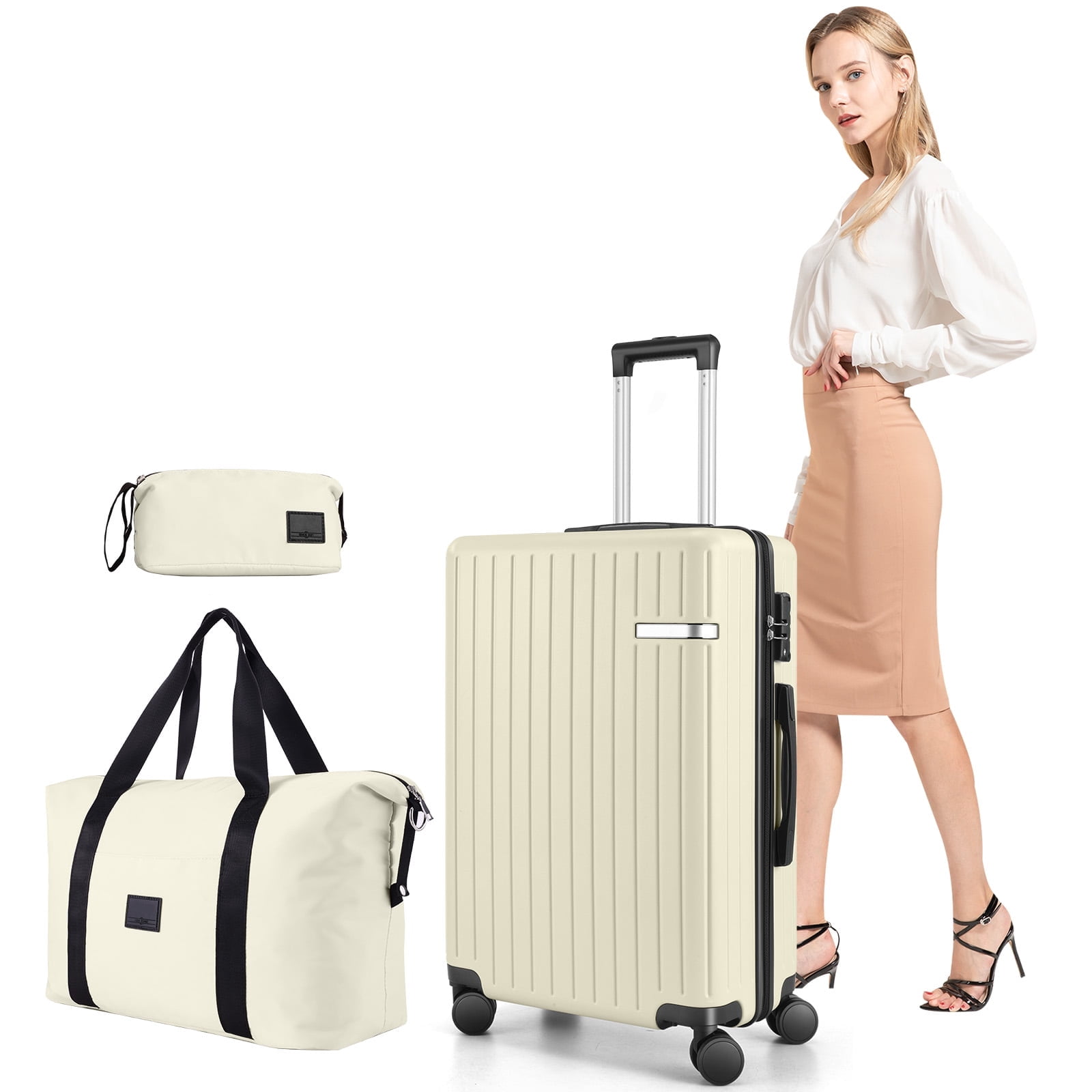COBIZI Carry On Luggage Sets 3 Piece Suitcases With Wheels，Carry On Luggage Airline Approved With TSA Lock For Luggage，Lightweight Carry On Suitcase With Expandable Duffle Bag For Travel，Beige