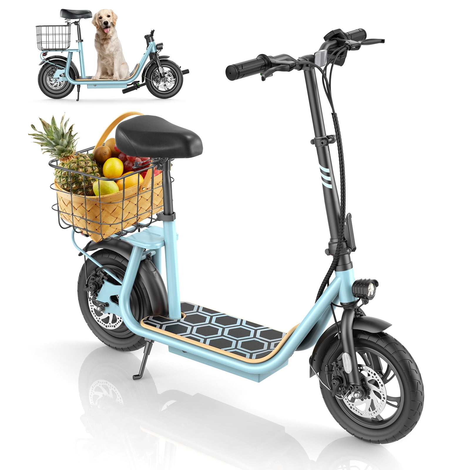 COBIZI Electic Scooter with Seat for Adults, 750W(Peak 1200W) Motor, 32 Miles Long Range, 20 MPH Top Speed, Foldable E Bike for Commuting with Basket,Blue