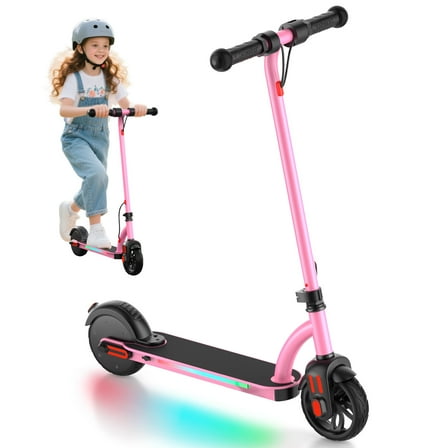 COBIZI Kids Electric Scooter, Ages 6–12, 150W Motor, 10 mph, 80 min Ride Time, Adjustable Speed & Height, Colorful LED Deck Lights, LED Display, Foldable, Pink
