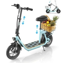 COBIZI Electric Scooter with Seat for Adults, 500W Motor, 20MPH&22 Miles Max Range, Detachable Large Basket, 12 inch Commuter E Scooter with Seat, Blue