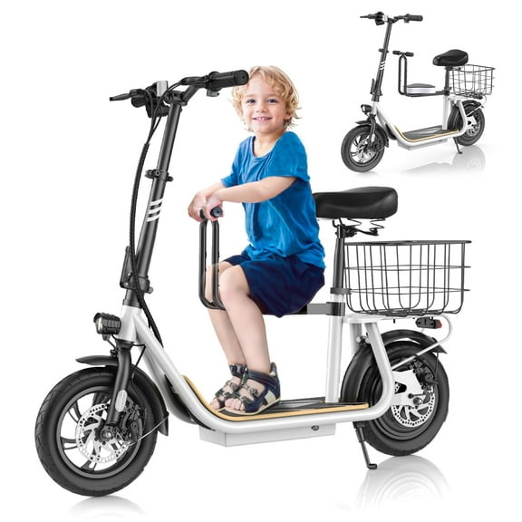COBIZI Electric Scooter with Seat for Adults, Detachable Child Seat, 20MPH&20 Miles Max Range, 500W Motor,12 inch Commuter E-Scooter with Basket, White