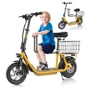 COBIZI Electric Scooter with Seat for Adults, Detachable Child Seat, 20MPH&20 Miles Max Range, 500W Motor,12 inch Commuter E-Scooter with Basket, Yellow