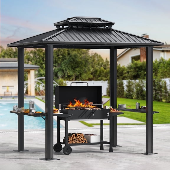 COBIZI 6'x8' Hardtop Grill Gazebo for Patio Double Galvanized Steel Roof with 2 Side Shelves Outside Sun Shade Outdoor BBQ Gazebo Canopy, Black