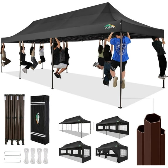 COBIZI Heavy Duty 10x30 Party Tent, Commercial 10x30 pop up Canopy for Parties Waterproof Gazebos with 8 Sidewalls, All Season Wind & Waterproof UPF50+,Stable Thickened Frame