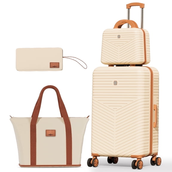 COBIZI Luggage Sets 4 Piece with 360° Spinner Wheels, Carry on Luggage with TSA Lock, Luitcases Hardshell ABS+PC, Suitcase Set for Travel, Beige(13/20+Travel Bag + Toiletry Bag)