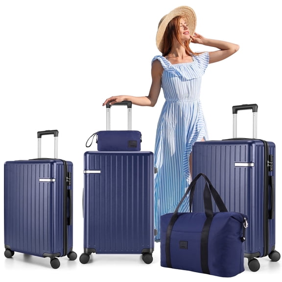COBIZI Luggage Sets 5 Piece Suitcases With Wheels,ABS+PC Lightweight Hard Shell Luggage Sets With Tsa Lock, Carry On Suitcase Set With Carry On Travel Bag, Expandable Duffle Bag For Travel, Blue