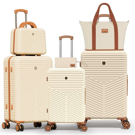COBIZI Luggage Sets 6 Piece with 360° Spinner Wheels, Carry on Luggage with TSA Lock, Luitcases Hardshell ABS+PC, Suitcase Set for Travel, Beige(13/20/24/28 + Travel Bag + Toiletry Bag)