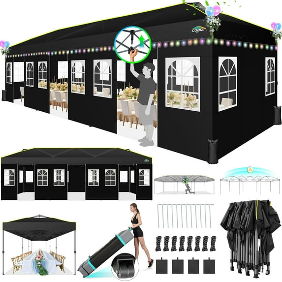 COBIZI Outdoor Canopy 10x30 Pop Up Canopy Tent Easy up Party Tent Instant Portable Waterproof Shade Tent Canopy for Party Camping with Sidewalls,Air Vent,Reflective Strip,Sandbags,Roller Bag,Black