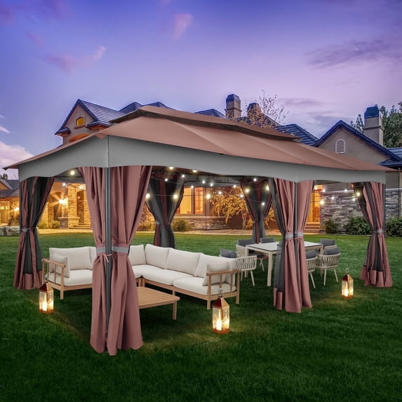 COBIZI Outdoor Gazebo 12x20 Patio Gazebo with Netting and Curtains Waterproof Gazebo with Double Roof Large Backyard Gazebo with Metal Steel Frame for Backyard, Lawn, Party, Garden, Brown