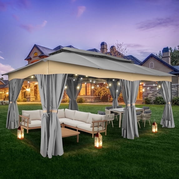 COBIZI Outdoor Gazebo 12x20 Patio Gazebo with Netting and Curtains Waterproof Gazebo with Double Roof Large Backyard Gazebo with Metal Steel Frame for Backyard, Lawn, Party, Garden, Gray