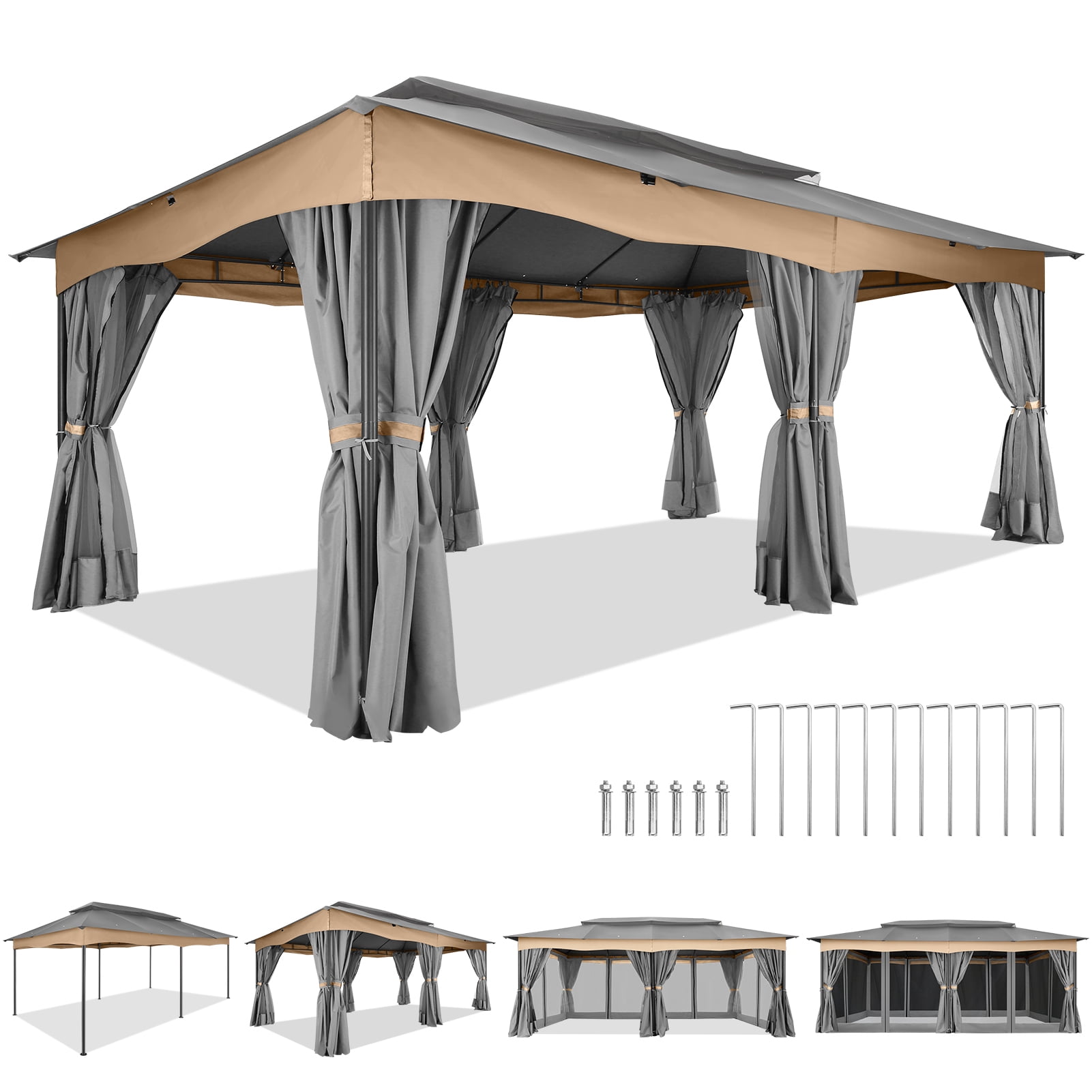 Outdoor Gazebo 12x20 Patio Gazebo with Netting and Curtains Waterproof Gazebo with Double