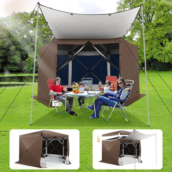 COBIZI Pop up Gazebo Screen Tent Screen House for Camping,12x12 Gazebo with Removable Roof, Outdoor Screened Gazebo with Sidewalls, Tent with Carry Bag and Ground Stakes,Brown(Upgraded)