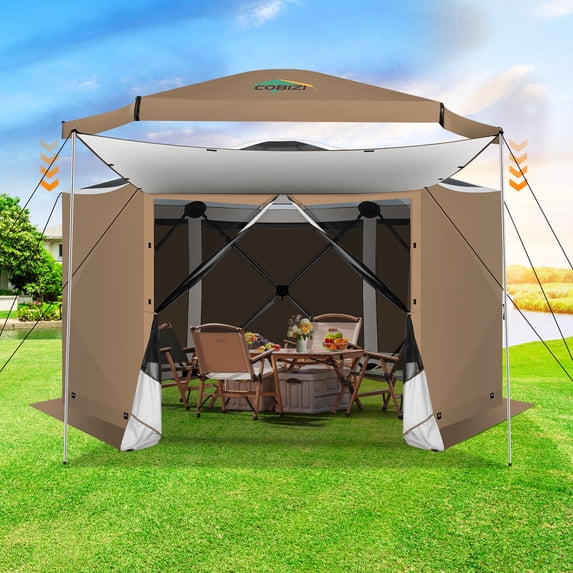 COBIZI Pop up Gazebo Screen Tent Screen House for Camping,12x12 Gazebo with Removable Roof, Outdoor Screened Gazebo with Sidewalls, Tent with Carry Bag and Ground Stakes,Khaki(Upgraded)
