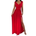 thumbnail image 1 of COBKK Corset Dress Long Fashion Women Summer Solid Sleeveless V-Nevk Split Casual Lace Pachwork Dress Tea Party Dresses for Woman T-981 Red-A 2XL, 1 of 6