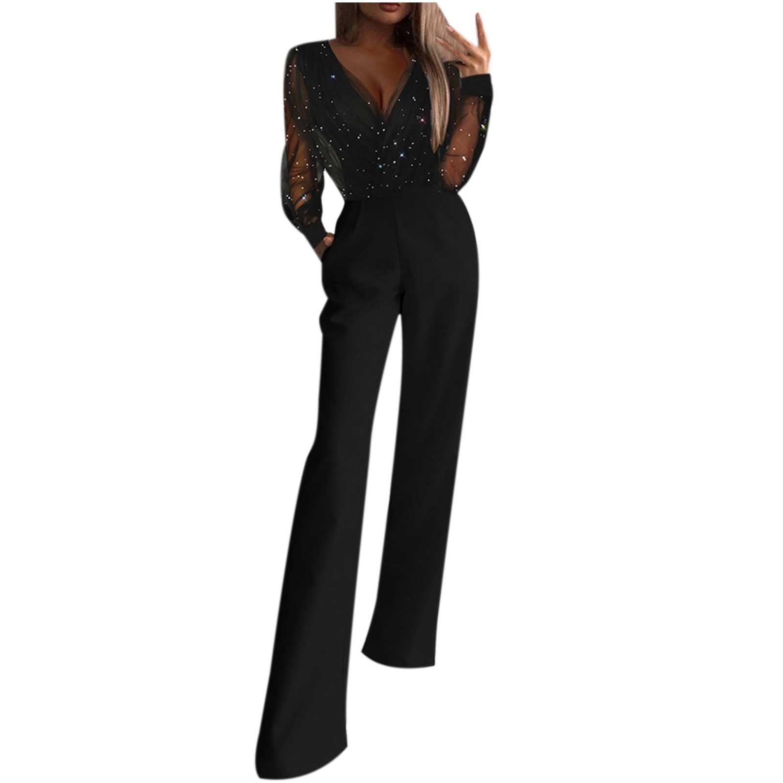 COBKK Jumpsuits For Women Dressy Jumpsuits For Women Fall Women's Solid  V-Neck Mesh Sequins Gold Powder Long Sleeve Jumpsuits Rompers Jumpsuits For  Women Casual Black M - Walmart.com