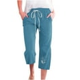 thumbnail image 1 of COBKK Women's Capris Pants in Clearance Capris Pants for Women Casual Summer Cotton Linen 3/4 Pants Wide Leg Capris Lightweight Cropped Lounges Trousers Linen Pants Women J-80 Blue L, 1 of 4