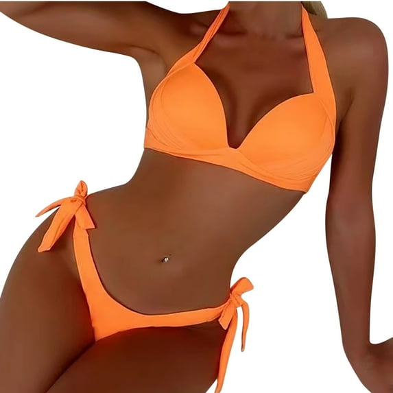 COBKK Women's Swimsuits Summer Fashion Women Solid Bikini Push-Up Padded Swimwear Swimsuit Set Athletic Two-Piece Swimsuits Q-183 Orange M