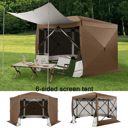 COBIZI 12x12ft Pop up Gazebo Screen House Tent for Camping, 6-Sided Camping Outdoor Screened Gazebo with Removable Roof&Sidewalls, Portable Hub Tent with Carrying Bag&Ground Stakes, Brown(Upgraded)