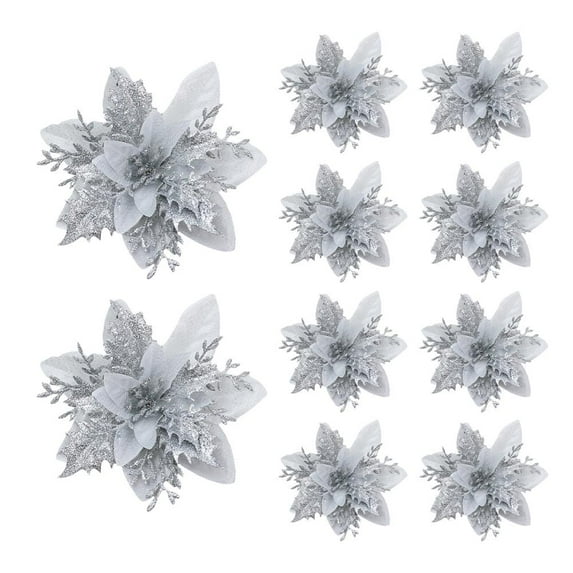 COCEQUC 10Pcs 14cm Glitter Artificial Christmas Flowers Xmas Tree Ornaments Merry Christmas Year Gift for Home New Decorations Navi N2I0