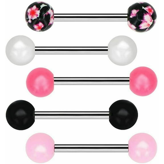 COCHARM 5pcs Black-Pink Tongue Rings Set 14G Stainless Steel Barbells Piercings Body Jewelry