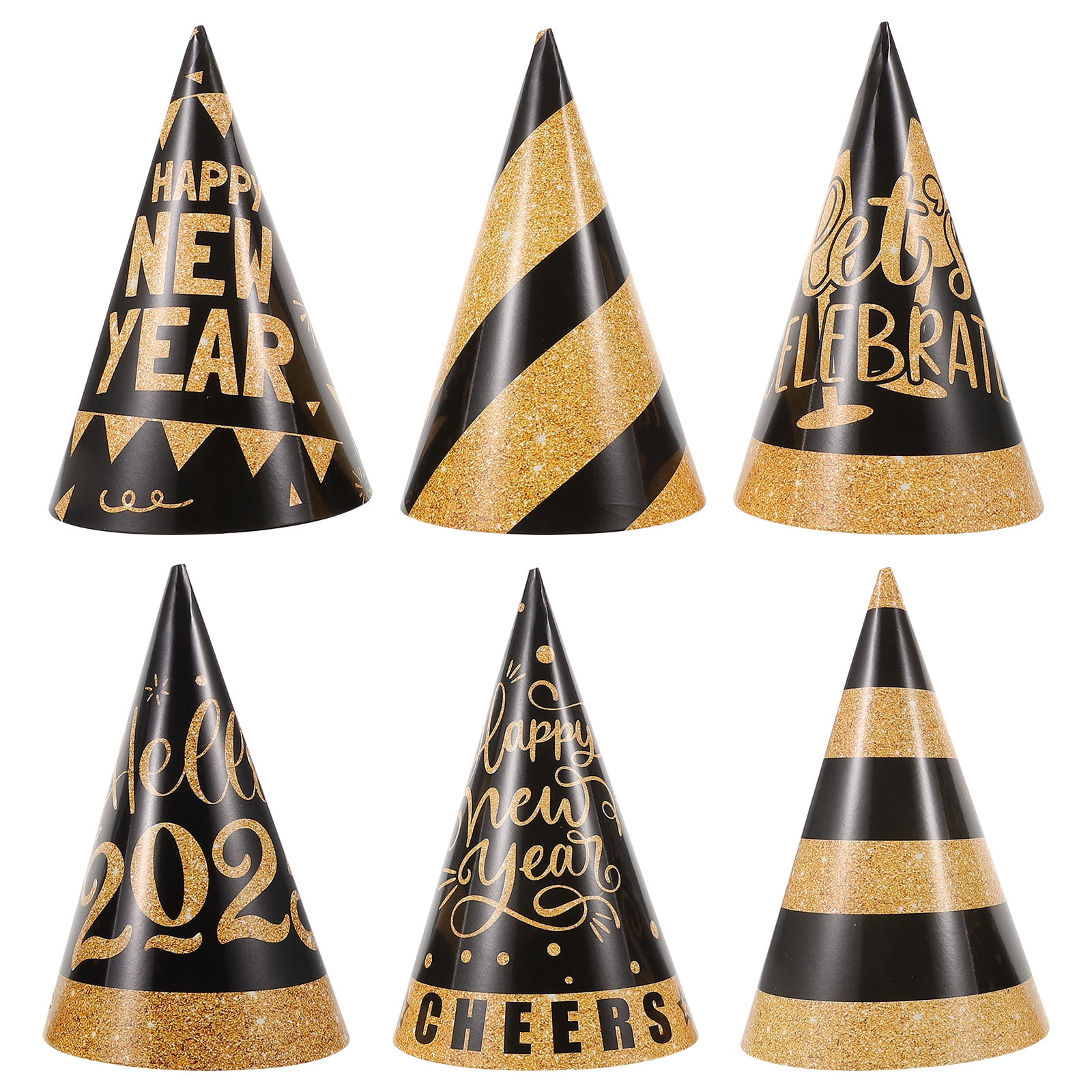 COCHLOUS 6Pcs New Years Eve Paper Cone Hat 2025 Black and Gold Birthday ...